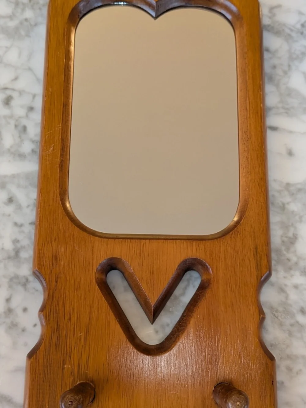 Vintage cut out Wood framed mirror Shaker peg hooks wall hanging